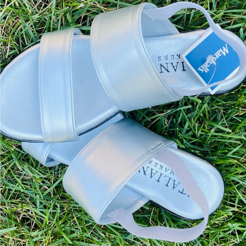 NWT Women Sz-6.5 ITALIAN SHOEMAKERS- Silver Flats Open Toe & Elastic Heal Straps